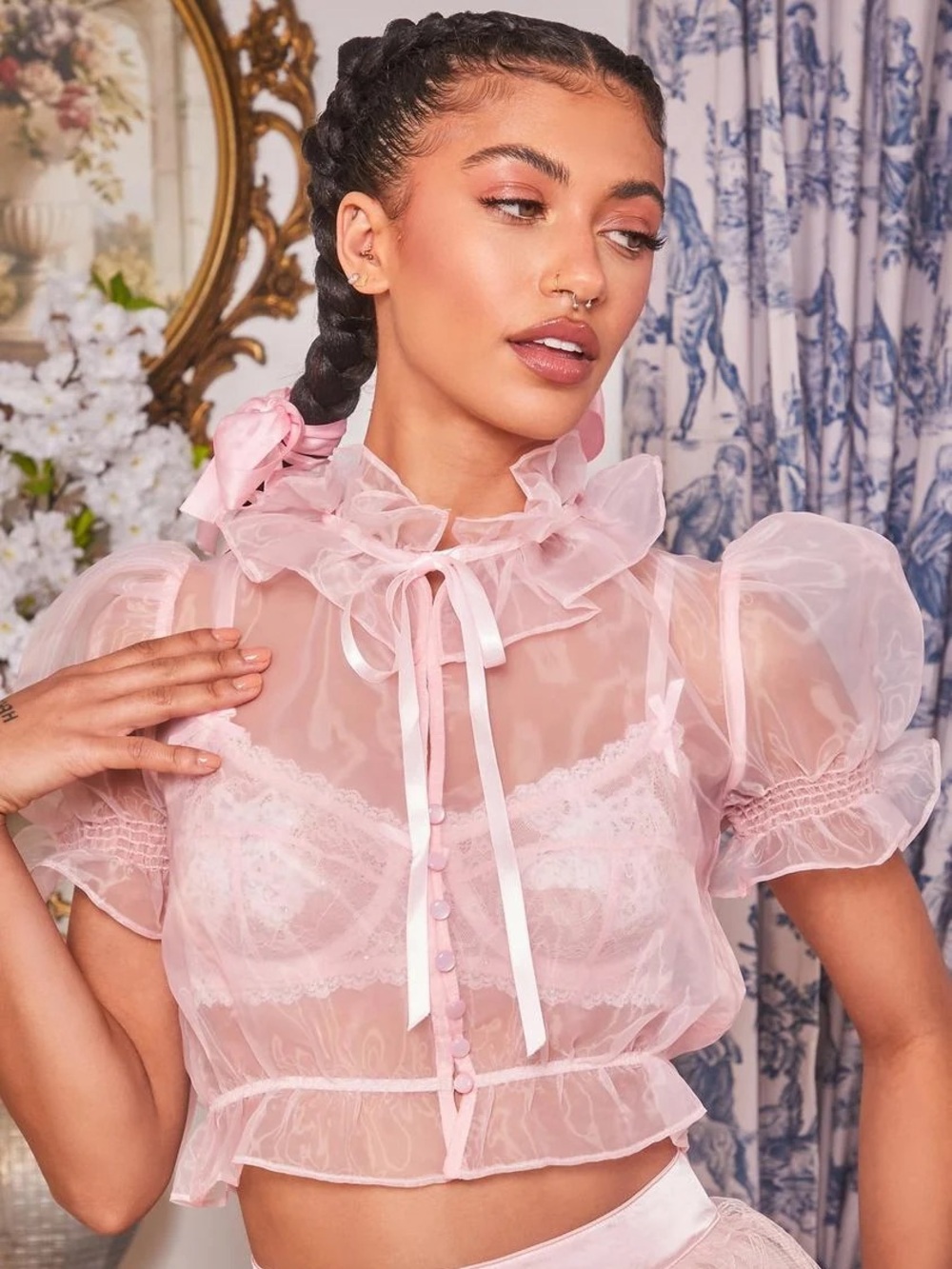 Dolls Kill Sugar Thrillz Organza Pink Sheer Blouse with Ruffles